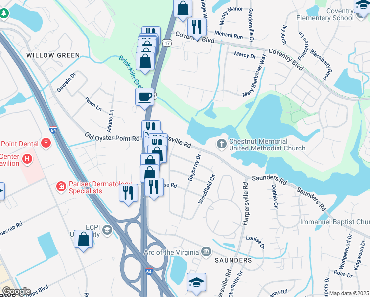 map of restaurants, bars, coffee shops, grocery stores, and more near 13 Wendfield Circle in Newport News