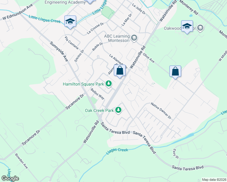 map of restaurants, bars, coffee shops, grocery stores, and more near 15110 Watsonville Road in Morgan Hill