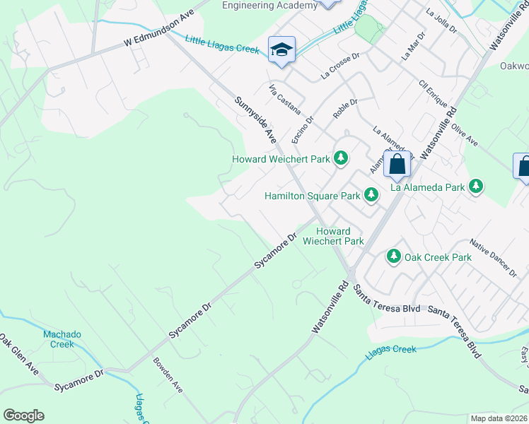 map of restaurants, bars, coffee shops, grocery stores, and more near 15365 Sycamore Drive in Morgan Hill
