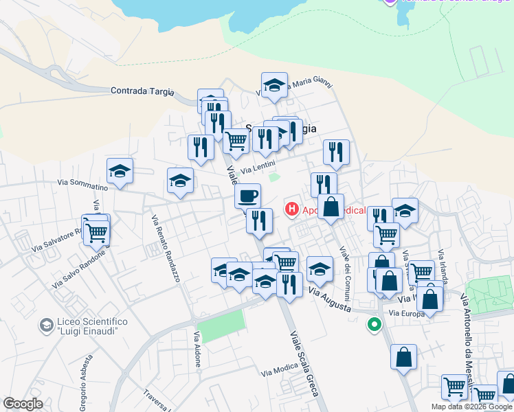 map of restaurants, bars, coffee shops, grocery stores, and more near 324 Viale Scala Greca in Siracusa