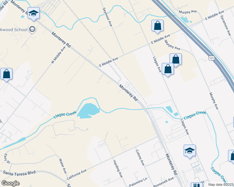 map of restaurants, bars, coffee shops, grocery stores, and more near 14325 Monterey Road in San Martin