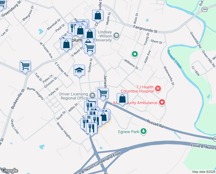 map of restaurants, bars, coffee shops, grocery stores, and more near 500 Jamestown Street in Columbia