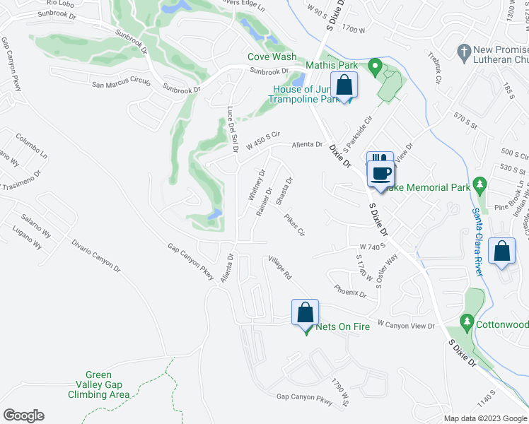 map of restaurants, bars, coffee shops, grocery stores, and more near 633 Rainier Drive in St. George
