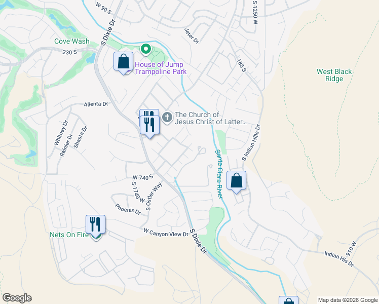 map of restaurants, bars, coffee shops, grocery stores, and more near 545 South Valley View Drive in St. George