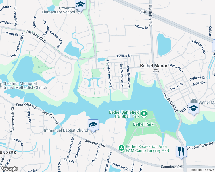 map of restaurants, bars, coffee shops, grocery stores, and more near 603 Wrought Iron Bend in Yorktown