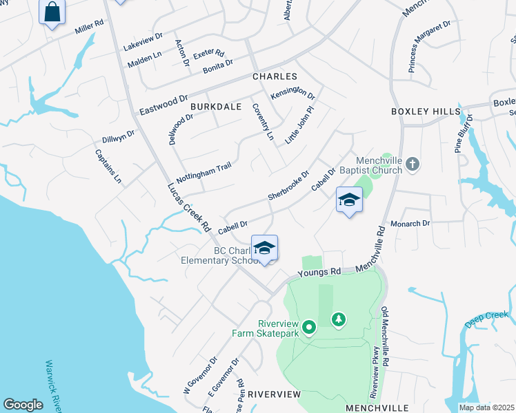 map of restaurants, bars, coffee shops, grocery stores, and more near 215 Sherbrooke Drive in Newport News