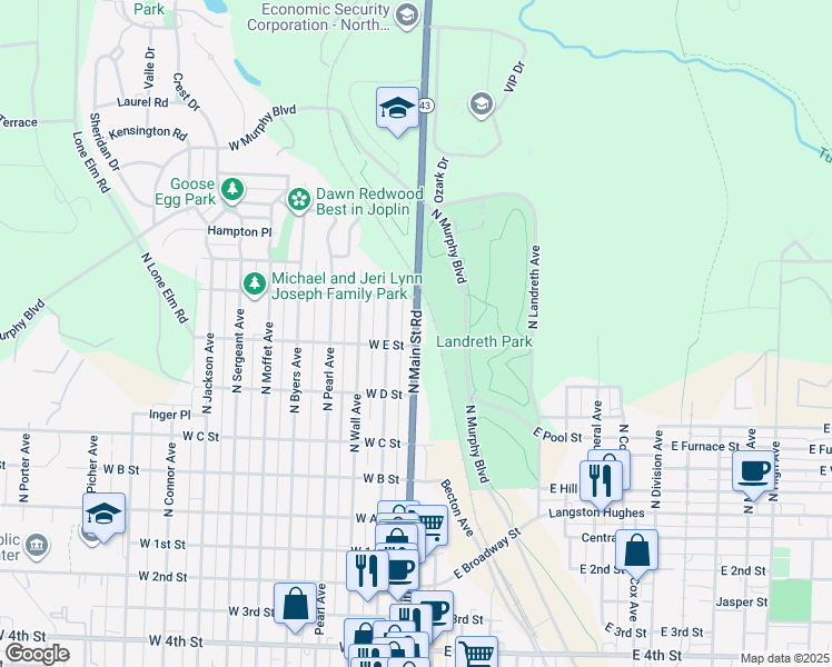 map of restaurants, bars, coffee shops, grocery stores, and more near 623 North Joplin Avenue in Joplin