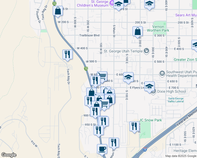 map of restaurants, bars, coffee shops, grocery stores, and more near 634 South 100 West Street in St. George