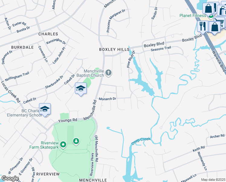 map of restaurants, bars, coffee shops, grocery stores, and more near 259 Lou-Mac Court in Newport News