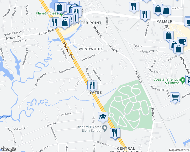 map of restaurants, bars, coffee shops, grocery stores, and more near 313 Watermill Run in Newport News
