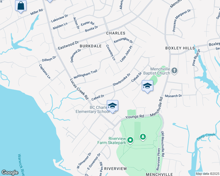 map of restaurants, bars, coffee shops, grocery stores, and more near 227 Sherbrooke Drive in Newport News