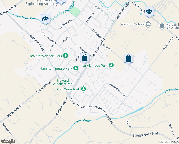 map of restaurants, bars, coffee shops, grocery stores, and more near 15180 Venetian Way in Morgan Hill