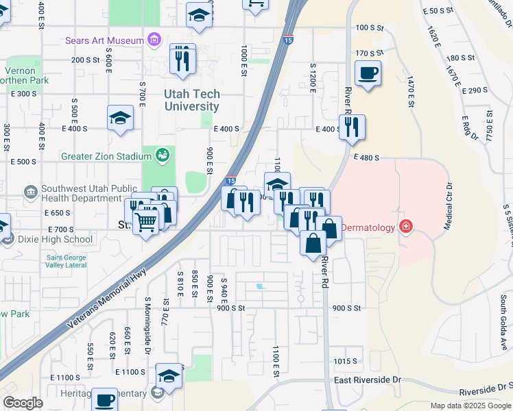 map of restaurants, bars, coffee shops, grocery stores, and more near 1008 East 600 South in St. George