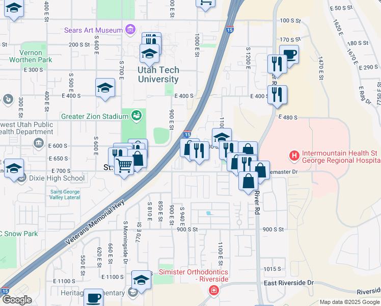 map of restaurants, bars, coffee shops, grocery stores, and more near 624 1000 East Street in St. George