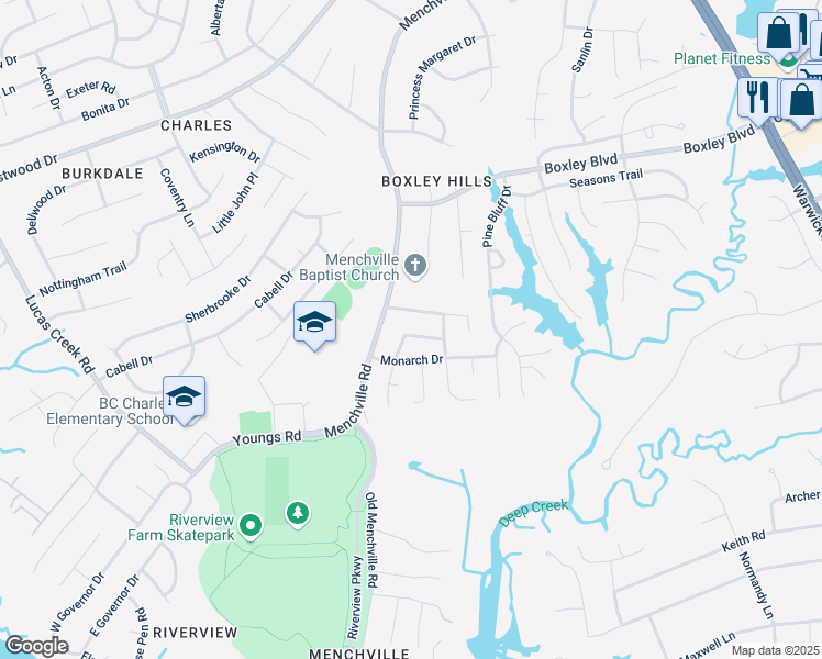 map of restaurants, bars, coffee shops, grocery stores, and more near 116 Terri Beth Place in Newport News