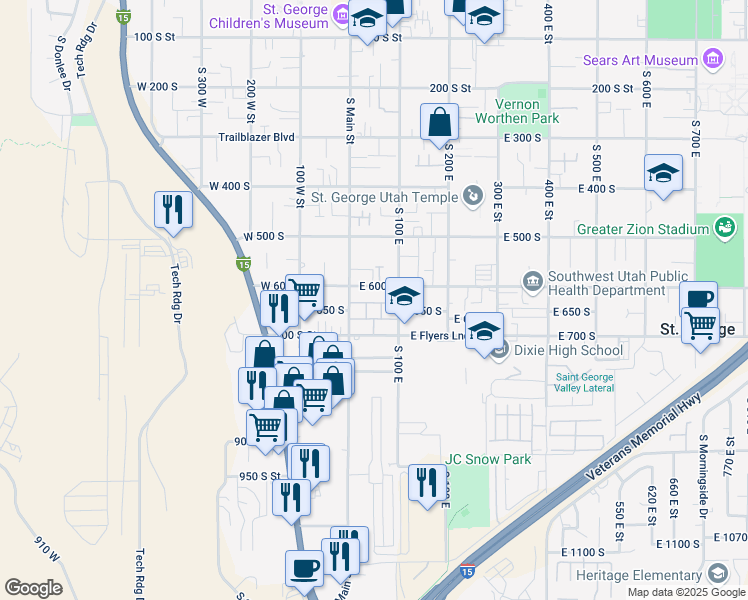 map of restaurants, bars, coffee shops, grocery stores, and more near 55 East 700 South in St. George