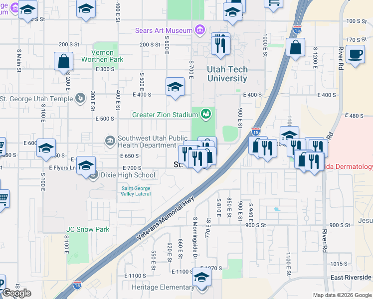 map of restaurants, bars, coffee shops, grocery stores, and more near 652 600 South in St. George