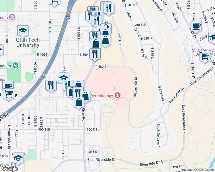 map of restaurants, bars, coffee shops, grocery stores, and more near 1380 South Medical Center Drive in St. George