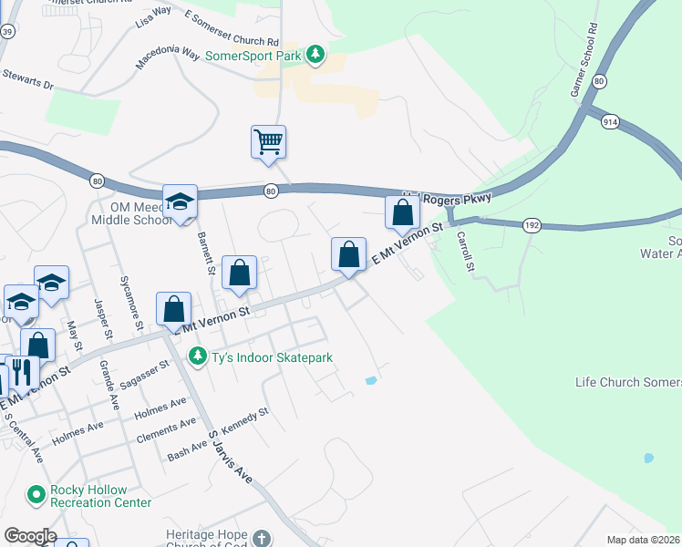map of restaurants, bars, coffee shops, grocery stores, and more near 102 Young Street in Somerset