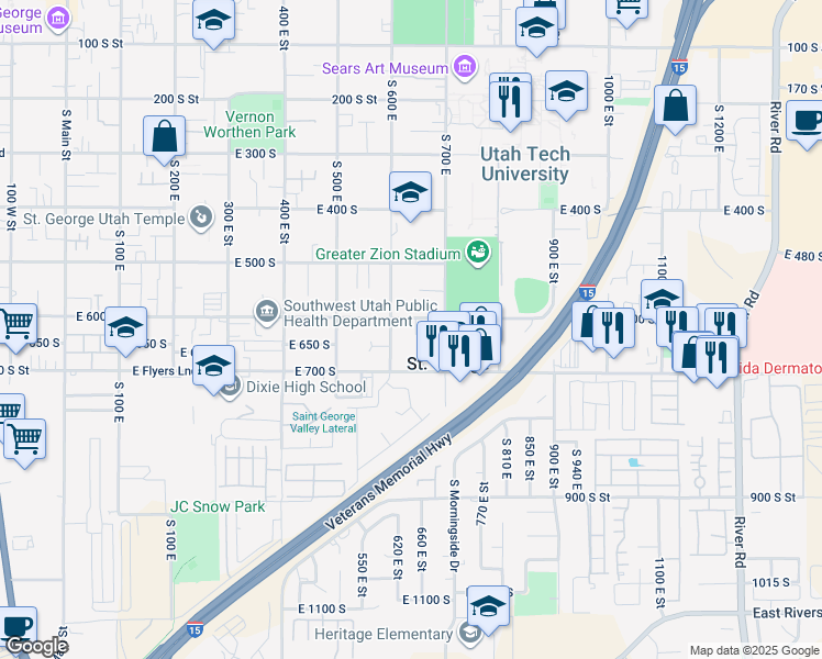 map of restaurants, bars, coffee shops, grocery stores, and more near 652 600 South in St. George
