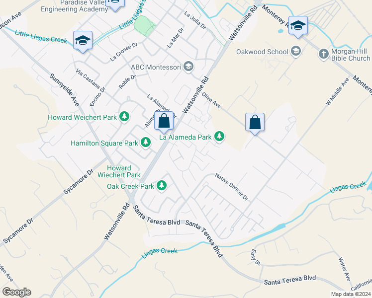 map of restaurants, bars, coffee shops, grocery stores, and more near 15350 Venetian Way in Morgan Hill
