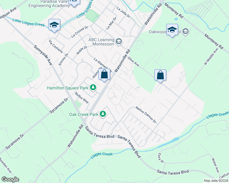 map of restaurants, bars, coffee shops, grocery stores, and more near 15183 Yosemite Way in Morgan Hill