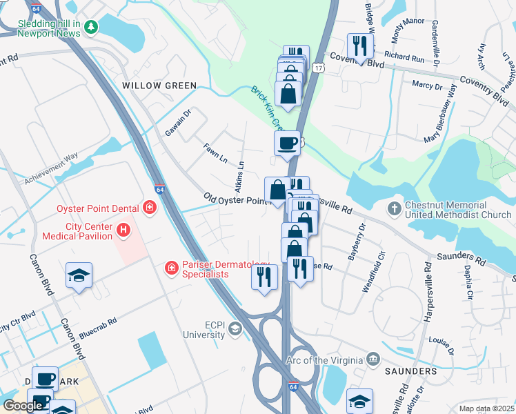 map of restaurants, bars, coffee shops, grocery stores, and more near 795 Old Oyster Point Road in Newport News