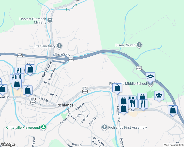 map of restaurants, bars, coffee shops, grocery stores, and more near in Richlands