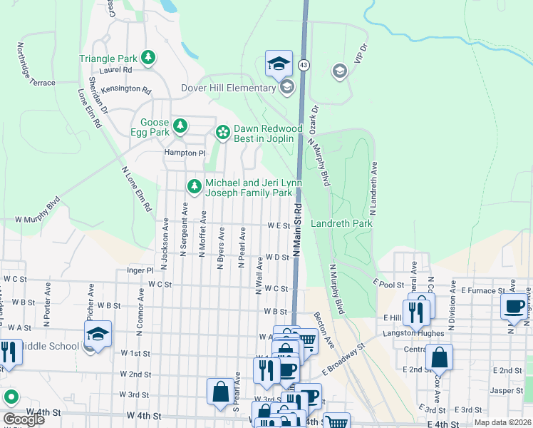 map of restaurants, bars, coffee shops, grocery stores, and more near 627 North Wall Avenue in Joplin