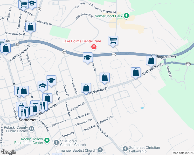 map of restaurants, bars, coffee shops, grocery stores, and more near 210 Barnett Street in Somerset
