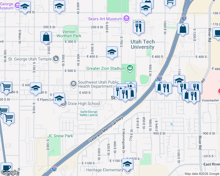 map of restaurants, bars, coffee shops, grocery stores, and more near 652 600 South in St. George