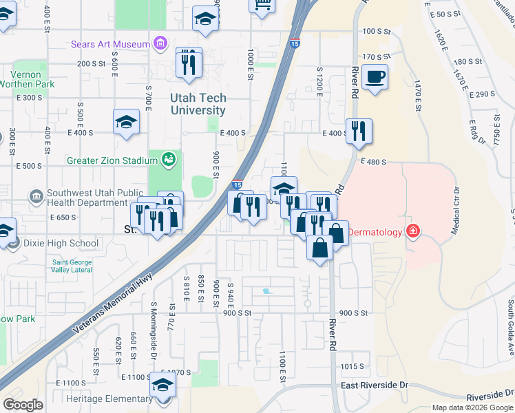 map of restaurants, bars, coffee shops, grocery stores, and more near 1022 East 600 South in St. George