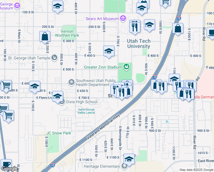 map of restaurants, bars, coffee shops, grocery stores, and more near 652 600 South in St. George