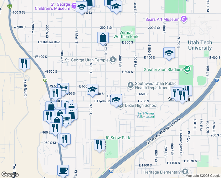 map of restaurants, bars, coffee shops, grocery stores, and more near 220 East 600 South in St. George