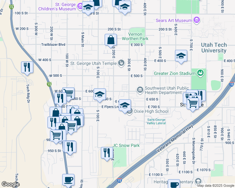 map of restaurants, bars, coffee shops, grocery stores, and more near 220 East 600 South in St. George