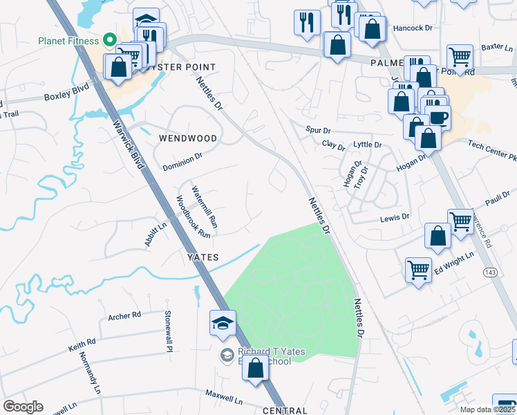 map of restaurants, bars, coffee shops, grocery stores, and more near 436 Woodbrook Run in Newport News