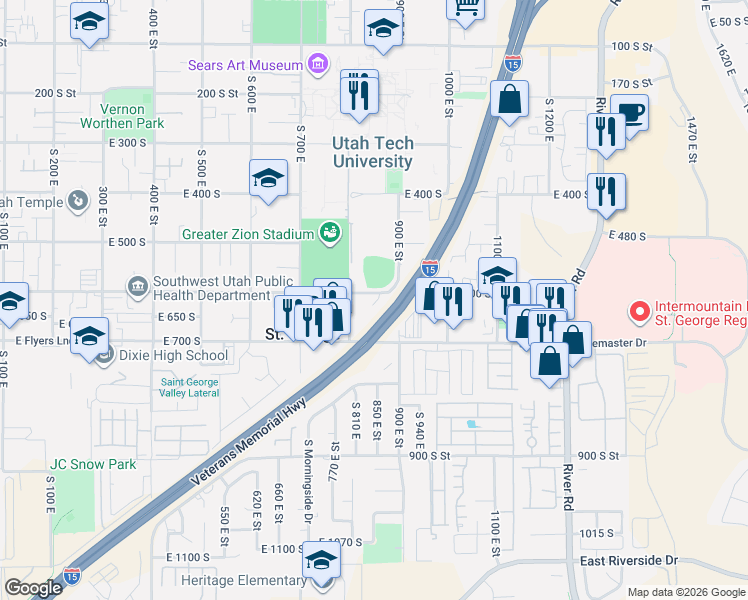map of restaurants, bars, coffee shops, grocery stores, and more near 850 600 South in St. George