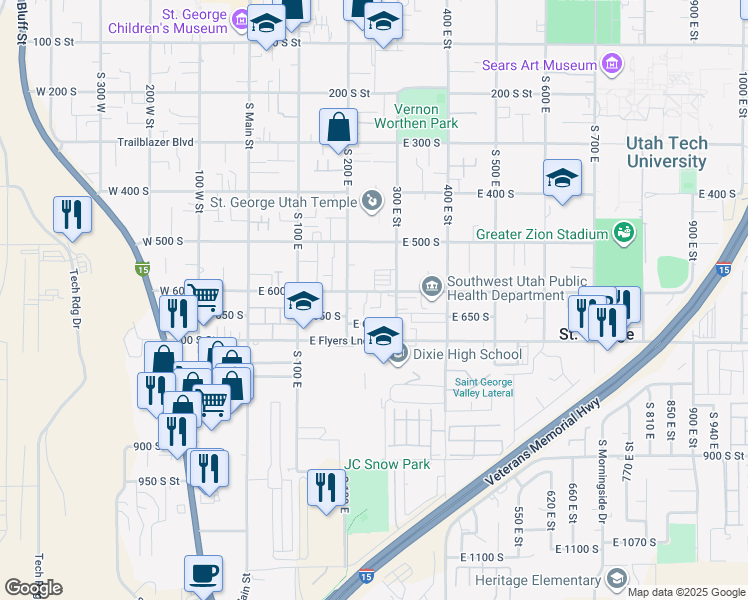map of restaurants, bars, coffee shops, grocery stores, and more near 250 East 600 South in St. George