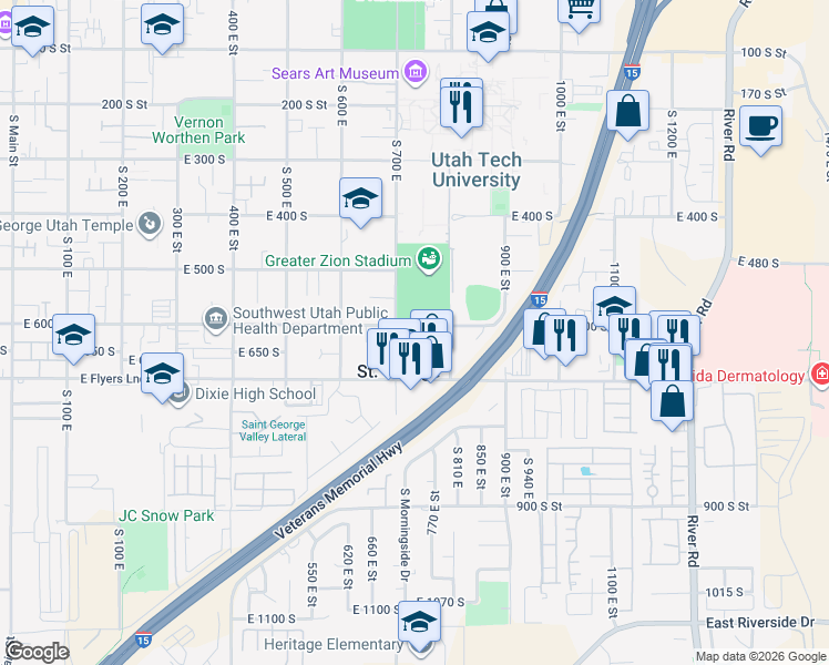 map of restaurants, bars, coffee shops, grocery stores, and more near 732 East 600 South in St. George