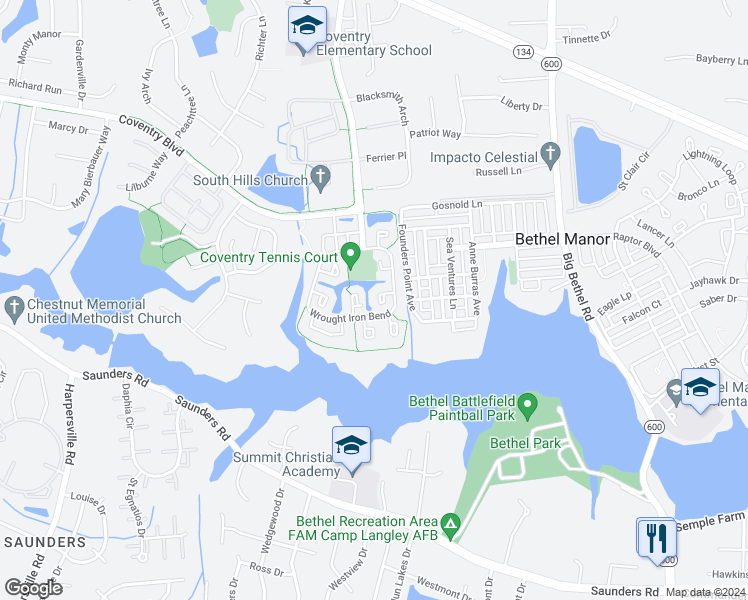 map of restaurants, bars, coffee shops, grocery stores, and more near 210 Durham Court in Yorktown