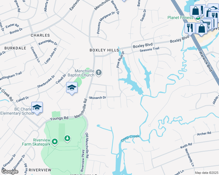 map of restaurants, bars, coffee shops, grocery stores, and more near 126 Terri Beth Place in Newport News