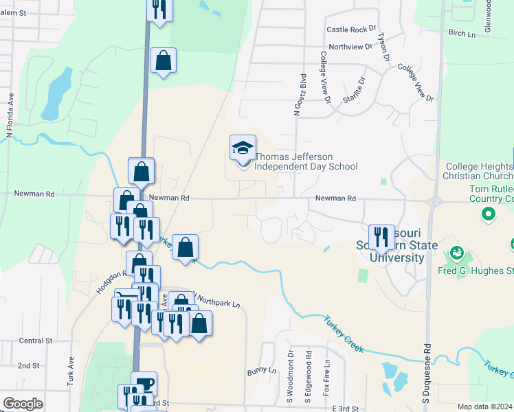 map of restaurants, bars, coffee shops, grocery stores, and more near 3440 Newman Road in Joplin