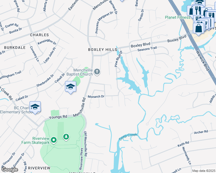 map of restaurants, bars, coffee shops, grocery stores, and more near 126 Terri Beth Place in Newport News