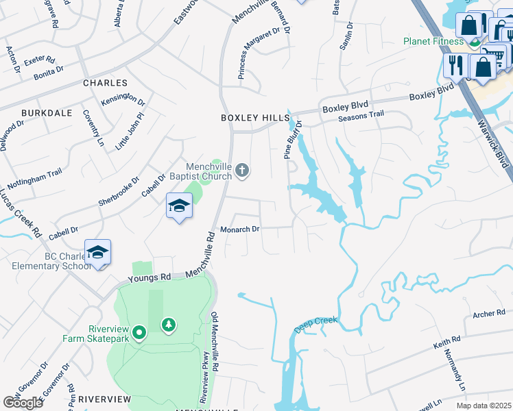 map of restaurants, bars, coffee shops, grocery stores, and more near 120 Terri Beth Place in Newport News