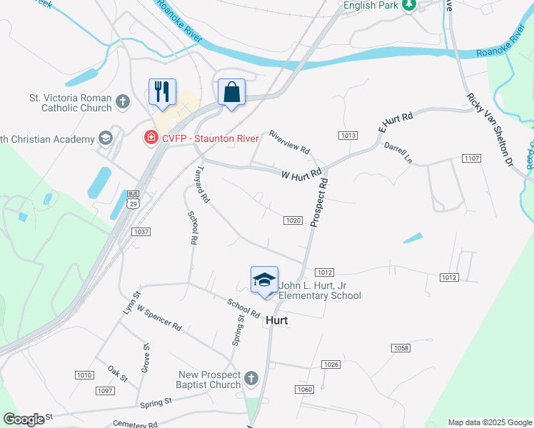 map of restaurants, bars, coffee shops, grocery stores, and more near 207 Ridge Street in Hurt