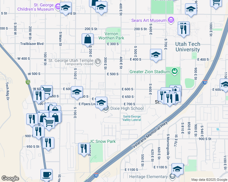 map of restaurants, bars, coffee shops, grocery stores, and more near 301-399 East 600 South in St. George