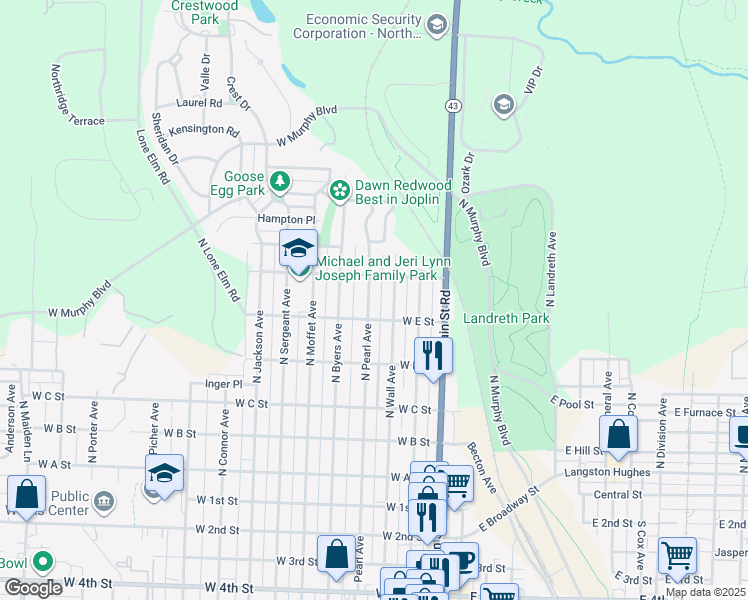 map of restaurants, bars, coffee shops, grocery stores, and more near 624 North Pearl Avenue in Joplin