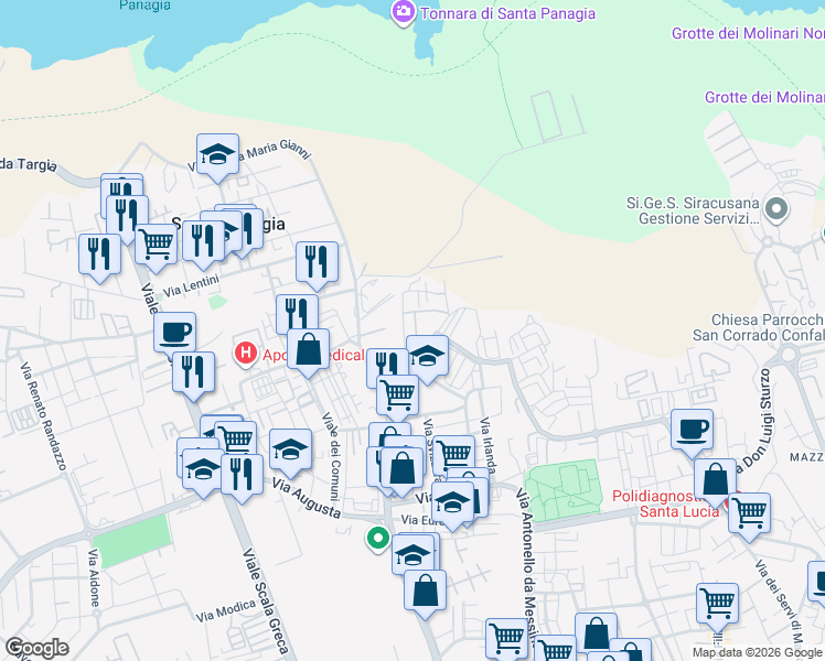map of restaurants, bars, coffee shops, grocery stores, and more near 8 Via Aldo Carratore in Siracusa