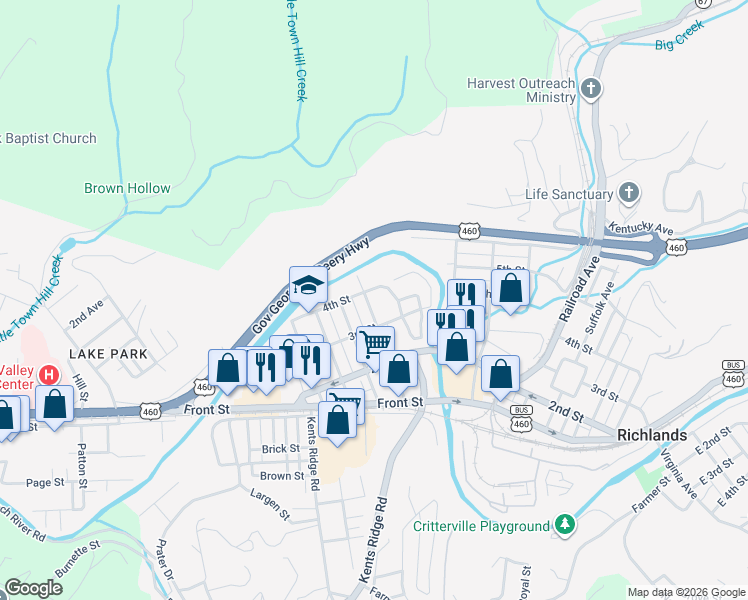 map of restaurants, bars, coffee shops, grocery stores, and more near 321 Fairfax Avenue in Richlands