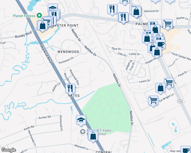 map of restaurants, bars, coffee shops, grocery stores, and more near 438 Woodbrook Run in Newport News